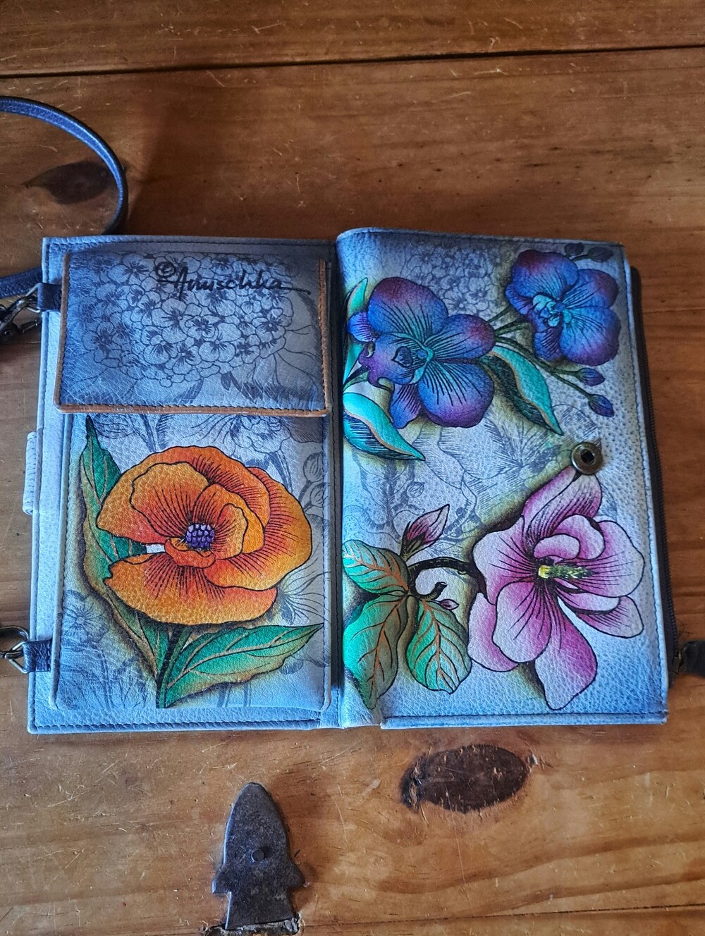 Anuschka Hand Painted Leather Crossbody Smartphone Wallet Orange Poppy Floral - Picture 3 of 13